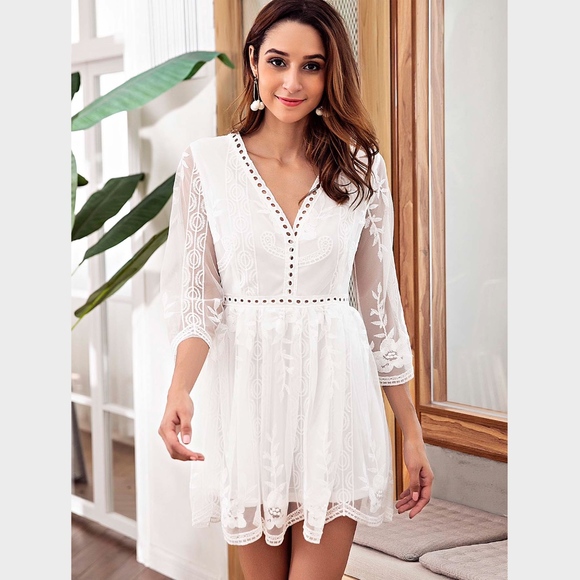 Embroidery on Mesh V-Neck White Mini Dress - Picture 2 of 8